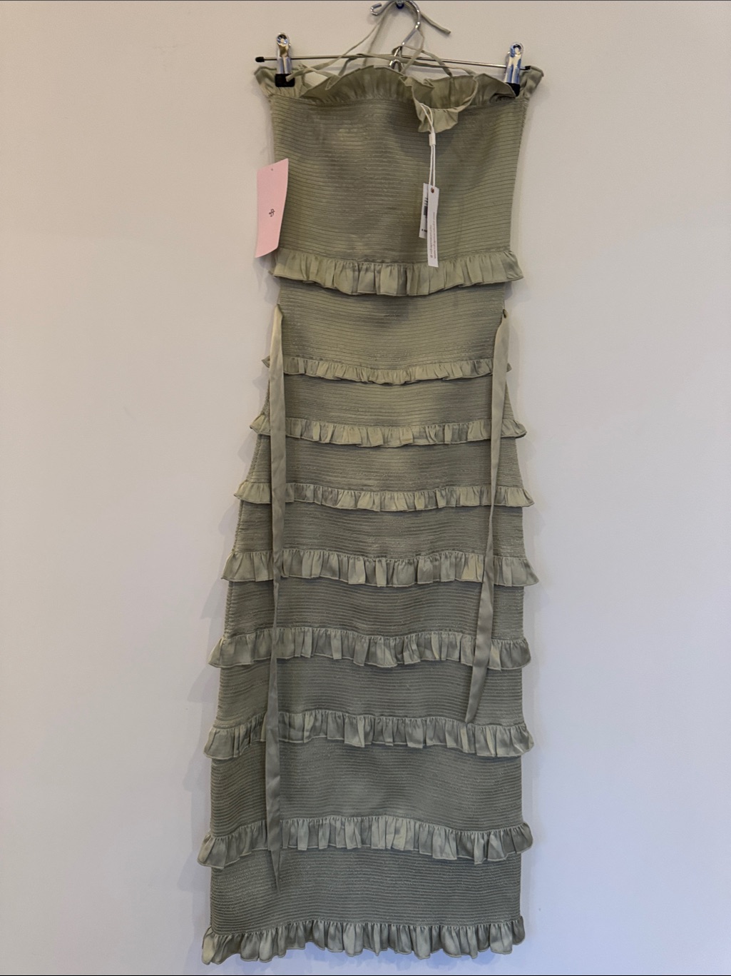 Strapless Sage Green Ruffle Tiered Maxi Dress
